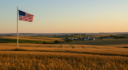American Flag Waves Over Golden Wheat Fields at Sunset