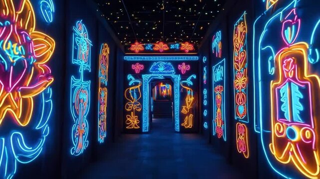 Neon lights illuminating corridor with vibrant artwork