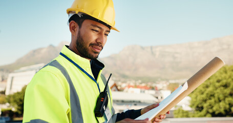 Blueprint, reading and contractor or man in city for progress report, architecture and engineering....
