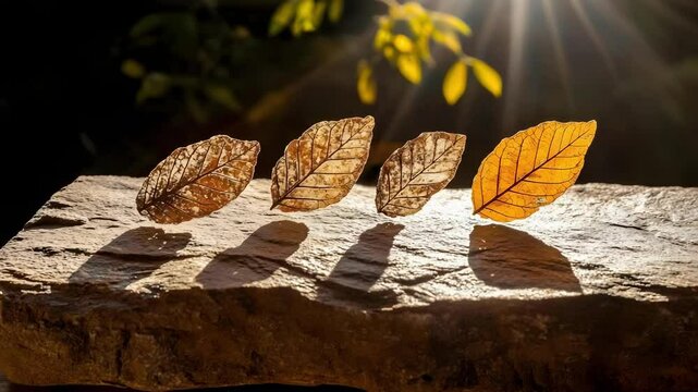 Translucent, amber-colored leaf-shaped objects are arranged in a line on a stone surface, illuminated by sunlight.