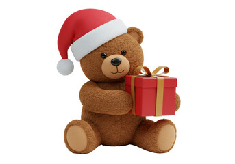 Isolated Cute Teddy Bear Holding Christmas Gift