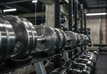 Fototapeta premium Close-up of metal dumbbells neatly arranged on a gym rack