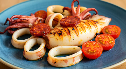 Mediterranean-style squid (Malta). grilled squid rings with chorizo and cherry tomatoes, olive oil droplets 