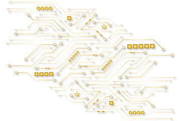 A golden background with golden circuit board lines, golden dots and yellow chips © Rayhan