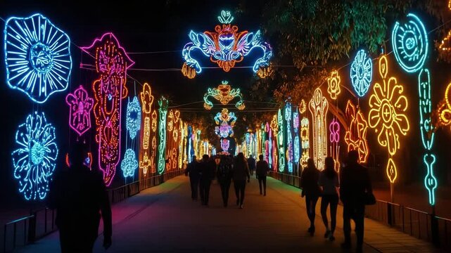 Festive street decorated with neon lights symbolizing Mayan culture. People are walking