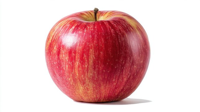 A single red apple with a glossy surface and natural striations, set against a plain white background. - Powered by Adobe