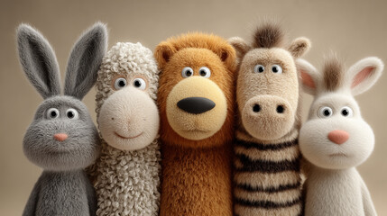 A charming group of furry animals, including a rabbit, sheep, lion, zebra exuding warmth and companionship. Perfect imagery for themes of friendship, unity, and adorable creatures.

