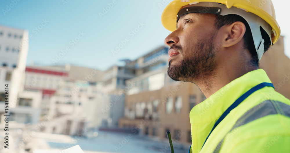 Poster thinking, engineering and contractor with man on rooftop for inspection, building project or idea. c