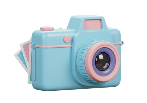 Isolated Pastel Blue Camera with Photo Prints