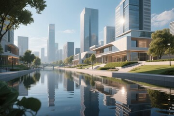 Fototapeta premium Modern Cityscape with Reflective Waterway and Skyscrapers