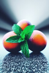 Close-up of three oranges with mint leaves