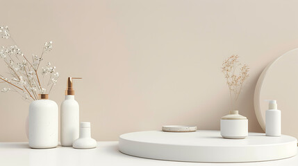 Minimalist cosmetic product display features white bottles and vases on a round podium against a neutral beige background