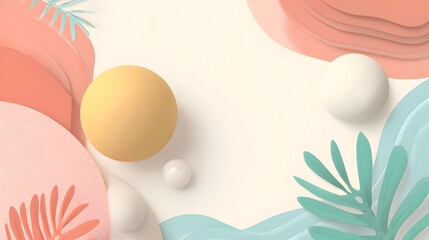 Fototapeta premium Minimalist 3D Summer-Themed Abstract Background with Pastel Colors, Spheres, Palm Leaves and Soft Waves – Ideal for Modern Presentation or Branding Design.