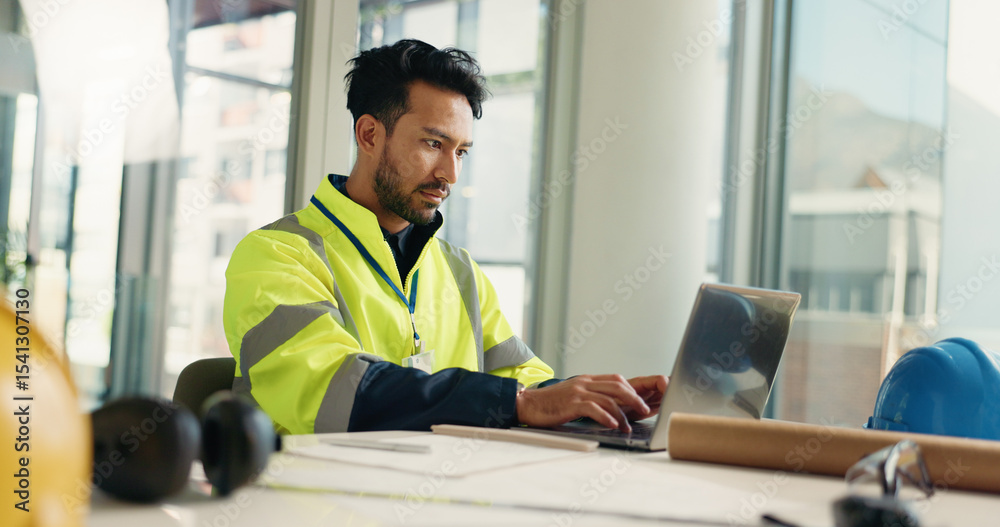 Poster architecture, laptop and man in office with paperwork for blueprint, building design and floorplan. 