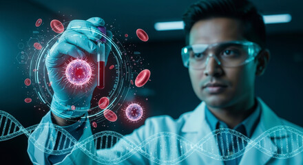 Scientist Examining Blood Sample In Laboratory Environment With Digital Overlay Of Biological Structures