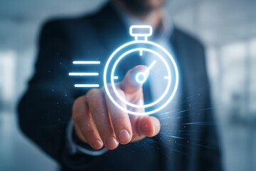 Businessman Activating Glowing Stopwatch Icon on Transparent Screen, Symbolizing Time Management, Speed, and Efficiency in Business