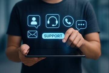 Hands Holding Tablet with Support Button and Communication Icons, Representing Digital Customer Service and Online Assistance