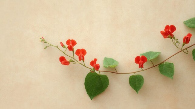 Delicate Scarlet Runner Bean Vine with Soft Red Flowers on Beige Background