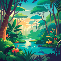 Vibrant jungle river scene at dawn.