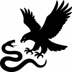 black and white sillhouette of a eagle and snak fight isolated white background