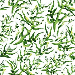
Seamless watercolor pattern with green twigs and leaves. Suitable for textiles, wrapping paper.