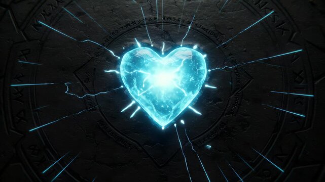 Glowing heart symbol on dark stone