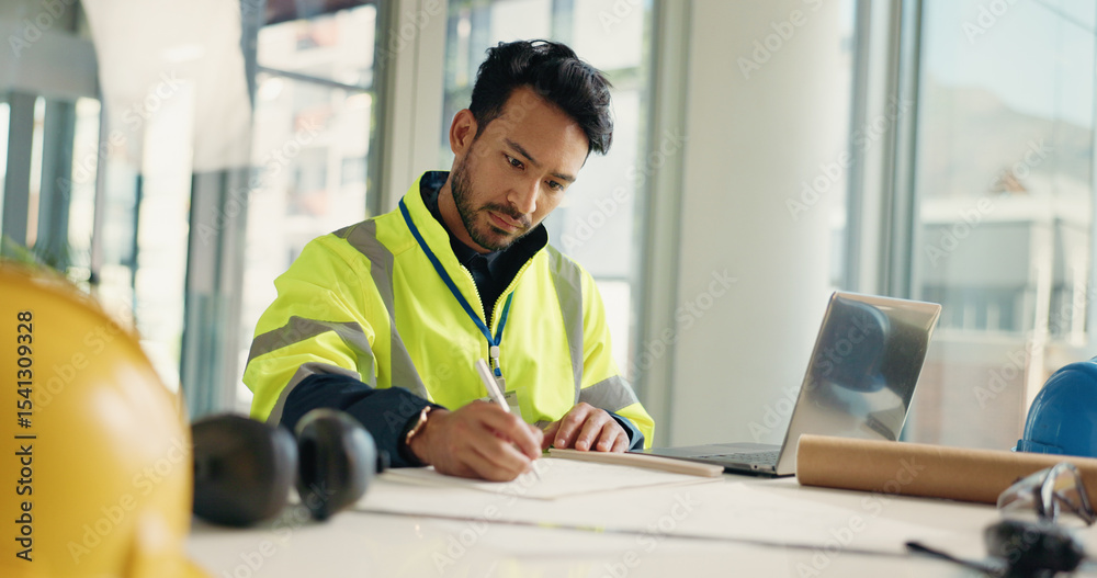 Poster office, man and contractor drawing blueprint for draft, architecture project and construction. floor