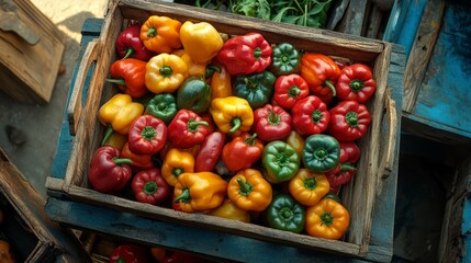 Wooden box filled with colorful bell peppers, farm stand or market atmosphere.