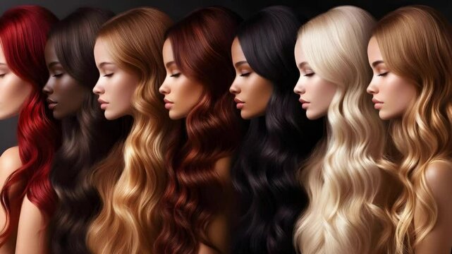 A lineup of women with varying hair colors and styles, showcasing different shades and textures of long, wavy hair.