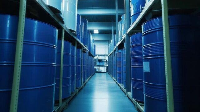 Blue metal barrels storing chemicals or oil products in warehouse