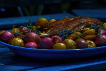 Roasted duck with potatoes and vegetables