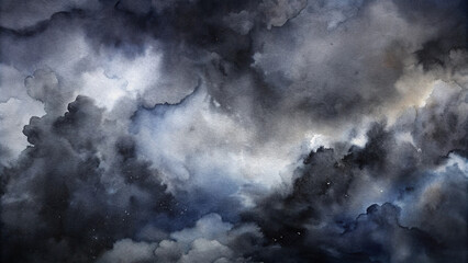 Abstract Watercolor Painting of Storm Clouds Dark Grey and Blue Hues