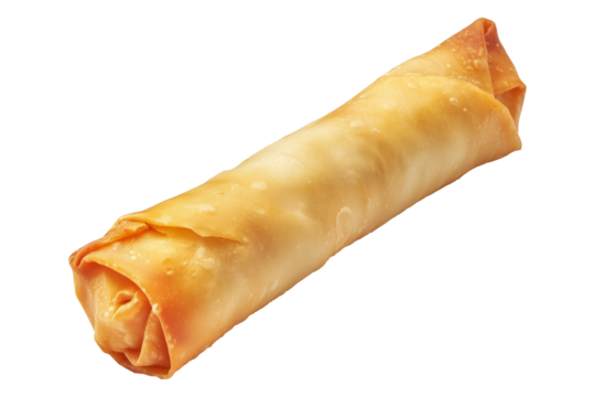 Crispy golden spring roll with flaky texture shown isolated on white transparent background, representing Asian cuisine snack concept