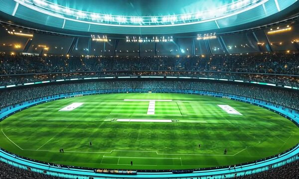 Bright green football stadium with dramatic lighting for night match or fantasy sports promo. 4K high resolution video