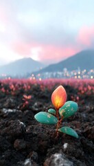 Sprout in a field at dawn