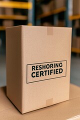 A cardboard box labeled "RESHORING CERTIFIED" in a warehouse setting, symbolizing manufacturing or logistics focused on reshoring products.