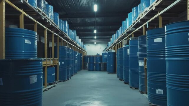 Perspective: blue metal barrels for storing chemicals or petroleum products are stored in a warehouse