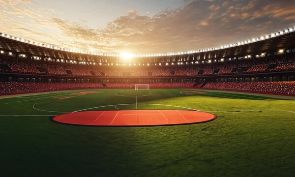 Baseball stadium at sunset perfect for Major League intro, warm-up, or end match scenes. 4K high resolution video