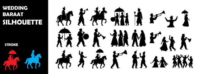 Wedding Baraat Silhouette Vector Set – Indian Marriage Procession, Celebration, and Cultural Festivities
