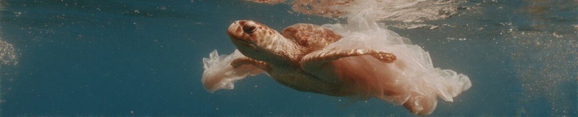 Fototapeta premium Sea Turtle Entangled in Plastic Waste Underwater Highlighting Ocean Pollution Crisis for Environmental Awareness and Conservation Campaigns