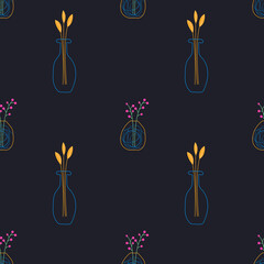 Doodle seamless pattern with flowers and vases on a white background. Bright colors. Small elements. Modern organic shape of the vase.