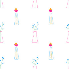 Doodle seamless pattern with flowers and vases on a white background. Bright colors. Small elements. Modern organic shape of the vase.