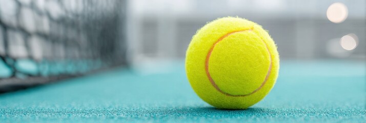 Vibrant Padel Tennis Ball on Court Floor Behind Net Capturing Anticipation and Focus for Sports Event Promotion and Active Lifestyle Branding