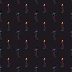 Doodle seamless pattern with flowers and vases on a white background. Bright colors. Small elements. Modern organic shape of the vase.