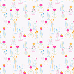 Doodle seamless pattern with flowers and vases on a white background. Bright colors. Small elements. Modern organic shape of the vase.