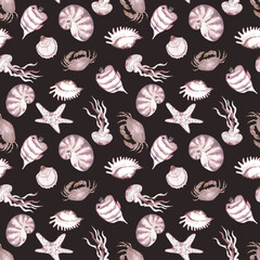 Seamless pattern with watercolor sea creatures. Endless underwater background of life. Fish, jellyfish, crab, seashell, star. Ocean wallpaper, wall art, printing fabric.