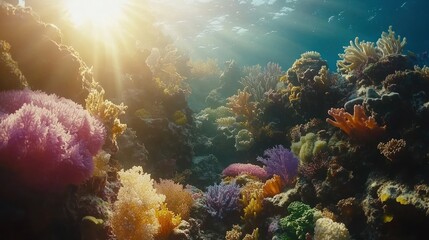 Naklejka premium Vibrant coral reef teeming with colorful life.