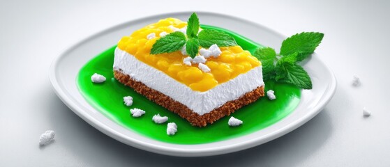 Mango cheesecake slice on a green plate