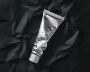 Deconstruction concept. Crumpled silver cosmetic tube lies on black texture background. Contrast of metal packaging and matte paper. Horizontal flat lay