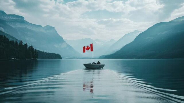 Motorboat showing canadian flag navigating on lake mcdonald in glacier national park